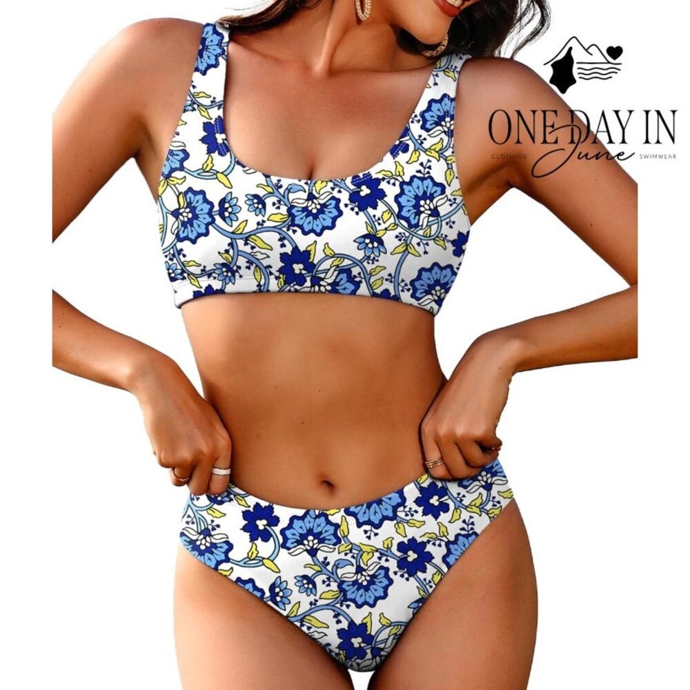 Aimage NWT Floral Crop Bikini Swimsuit Blue White High Waist 2 Piece Size M